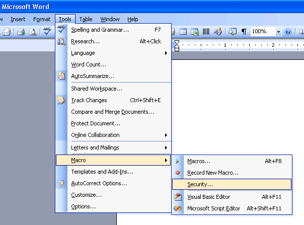 Security level menu position in Word 2003